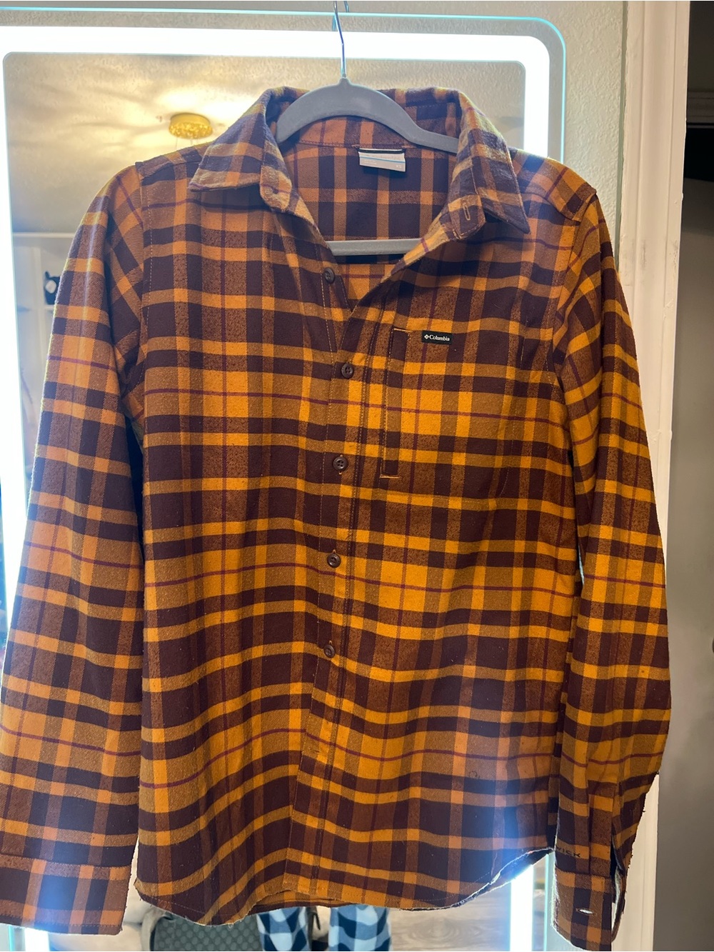 Columbia Dark Brown and Mustard Plaid Flannel Shirt